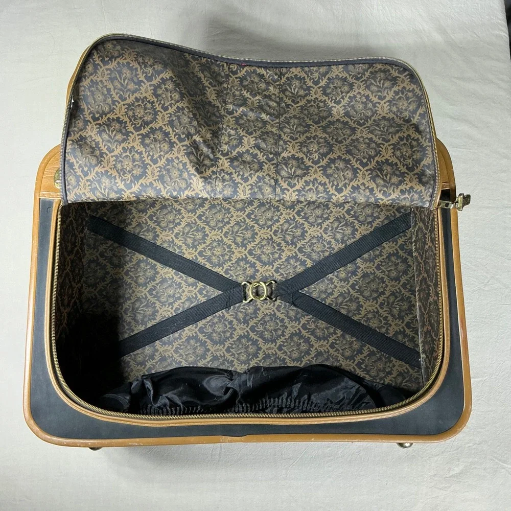 Vintage Monarch Suitcase Black Tan Stripe Damask Lined Retro Luggage Carry On